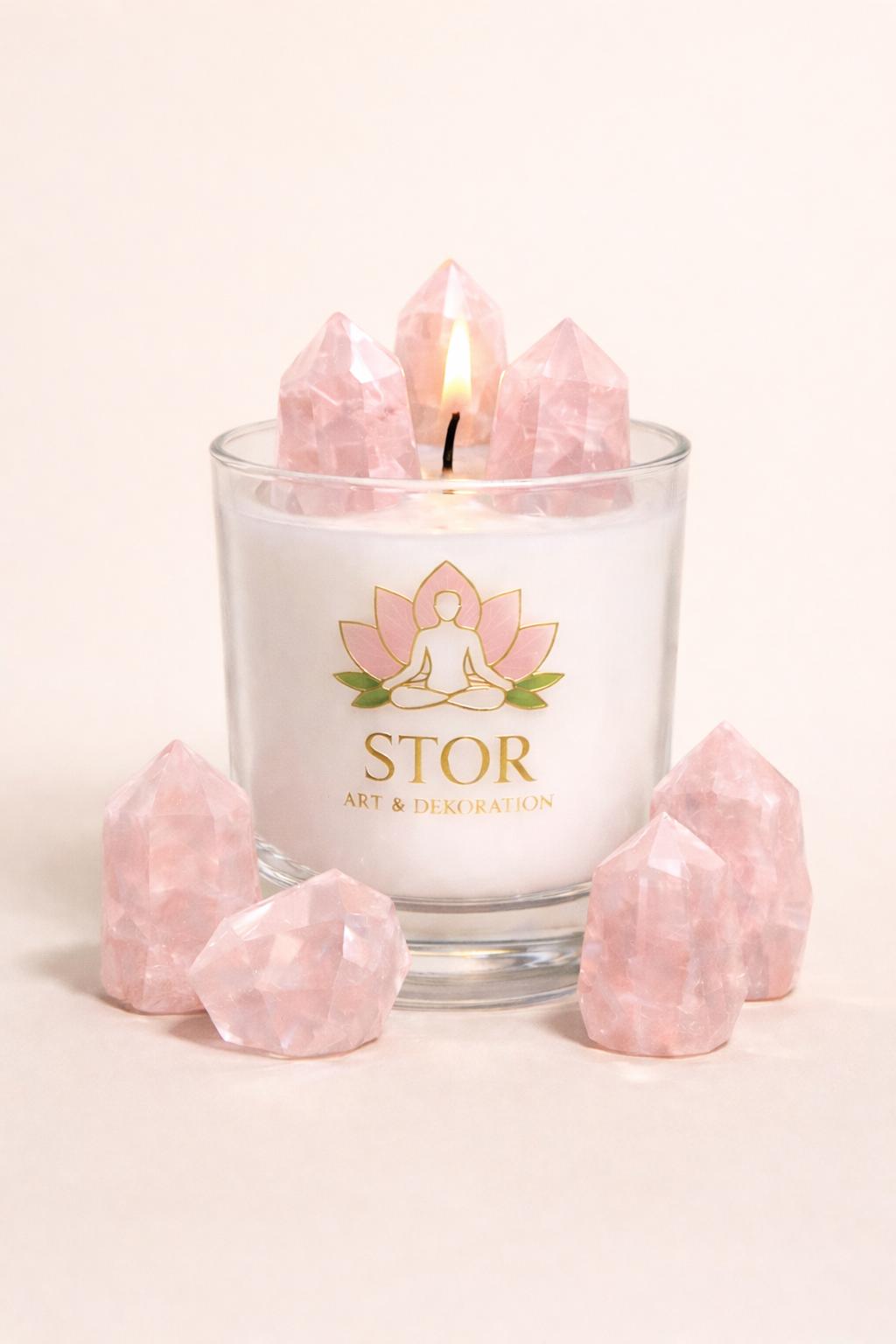 Exklusive Rosenquarz Kristall-Kerze – Liebe, Harmonie & Self-Care