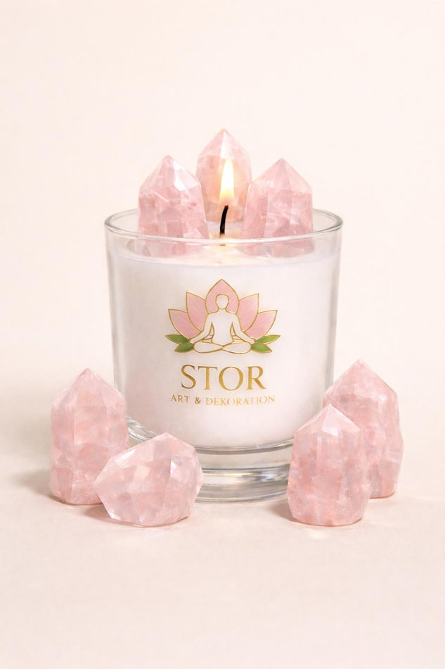 Exklusive Rosenquarz Kristall-Kerze – Liebe, Harmonie & Self-Care