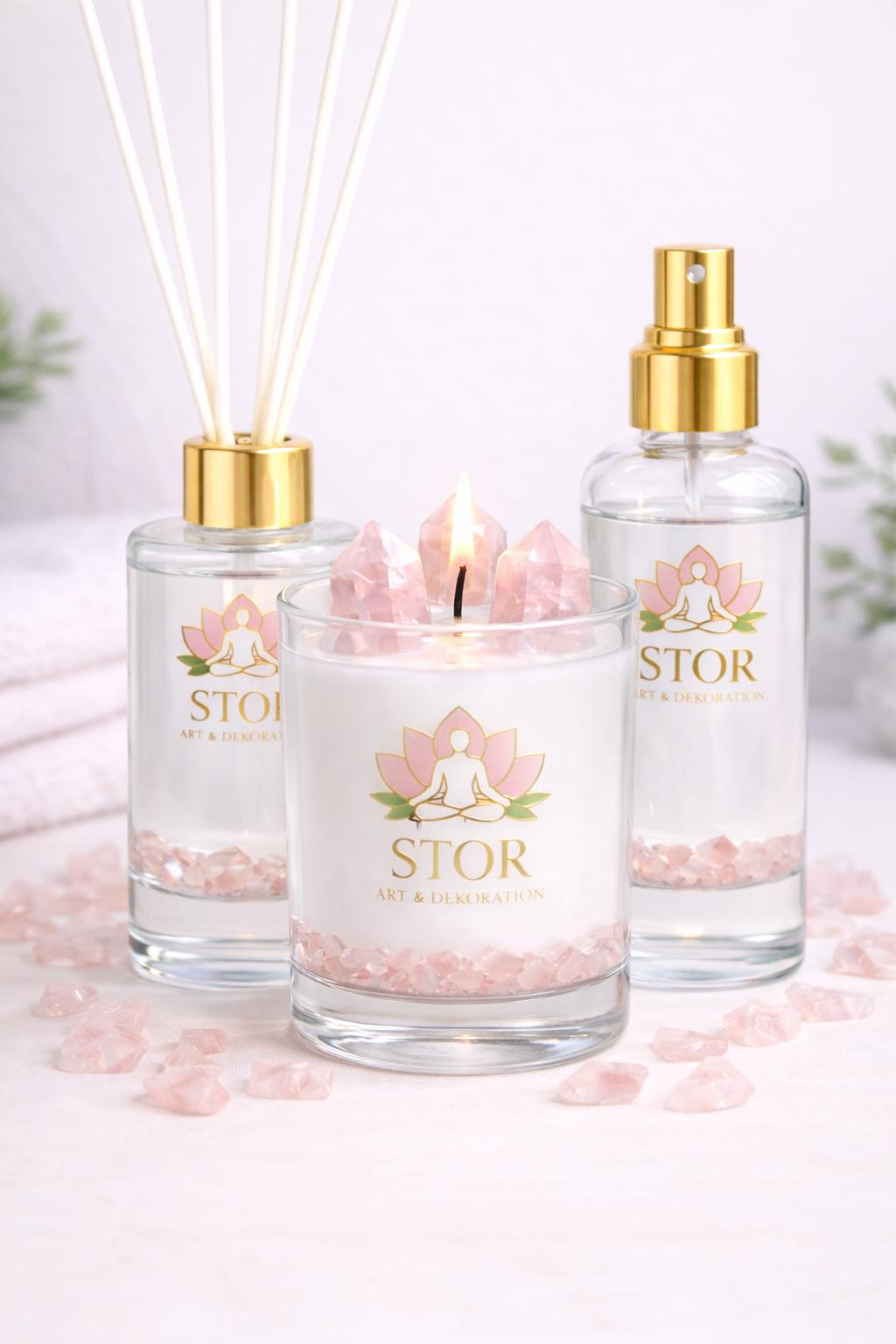Ganzheitliches Rosenquarz-Wellness-Set – Kerze, Diffuser & Home Spray