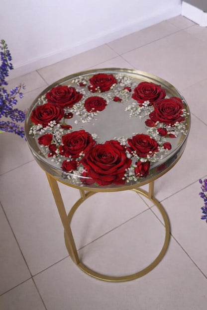 Luxus-Beistelltisch „Ewige Liebe“ – Echte rote Rosen in Kristallharz