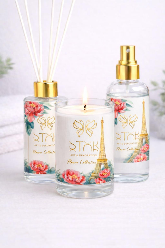 Coleção Flores – Kit de aromas com vela, spray de ambiente e difusor