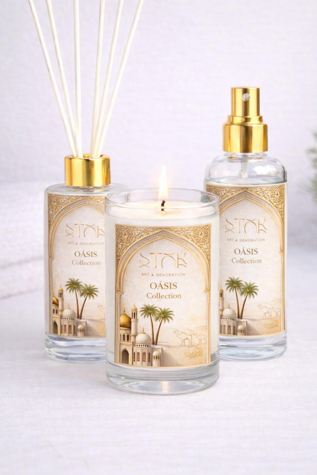 Coleção Oásis – Conjunto de fragrâncias orientais com vela, spray de ambiente e difusor