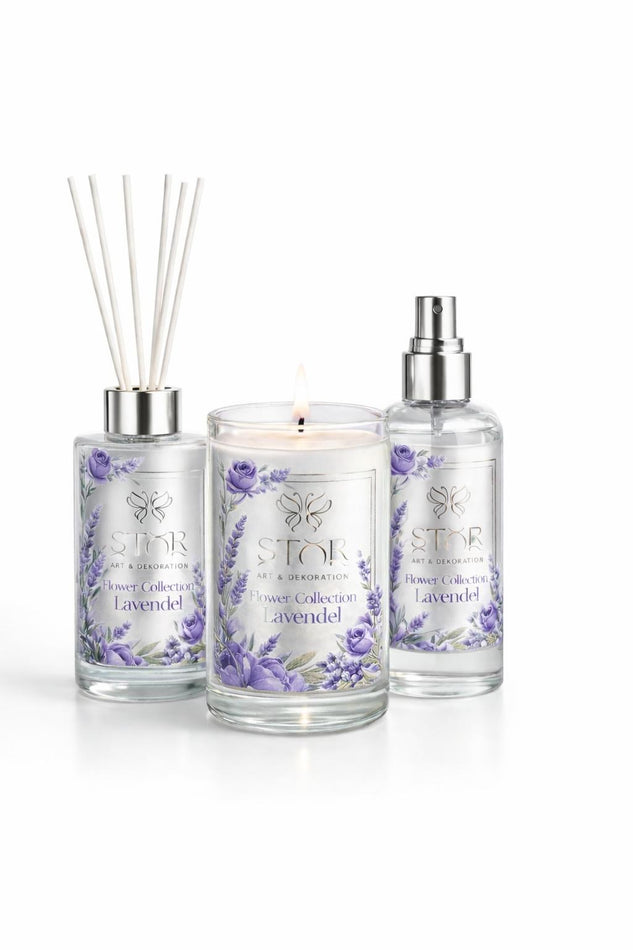 Coleção Flower Lavanda – Conjunto de Luxo com Vela, Spray Aromatizante e Difusor de Ambiente