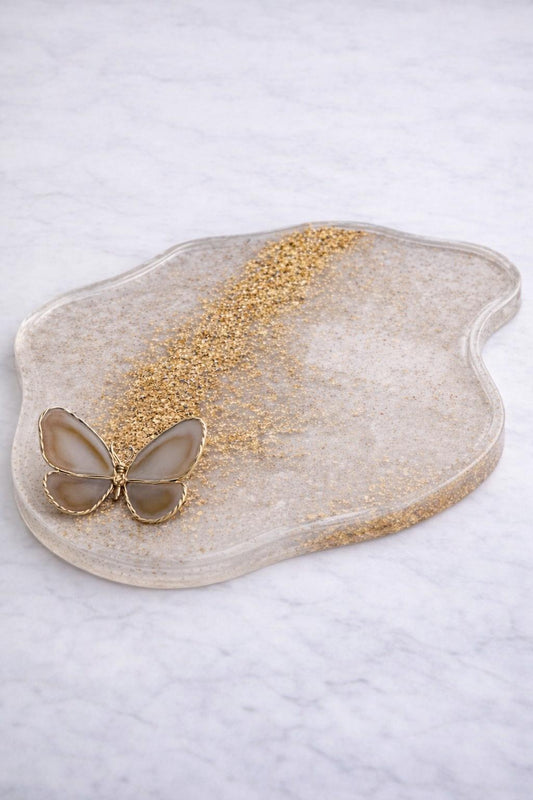 Luxuriöses Dekotablett aus Resin mit Blattgold und Achat-Schmeterling image 3